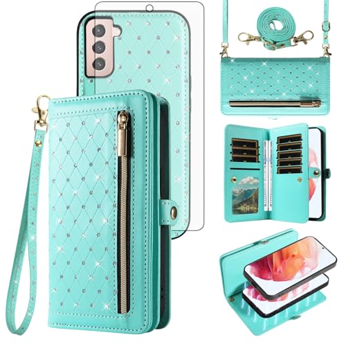 Coque Samsung S21 5G Asuwish avec portefeuille amovible, fermeture éclair et bandoulière