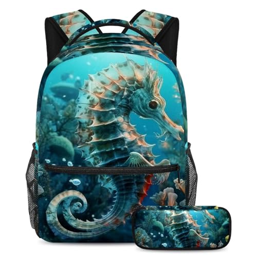 Sac à dos Blue Seaworld hippocampe corail grand format avec trousse scolaire assortie