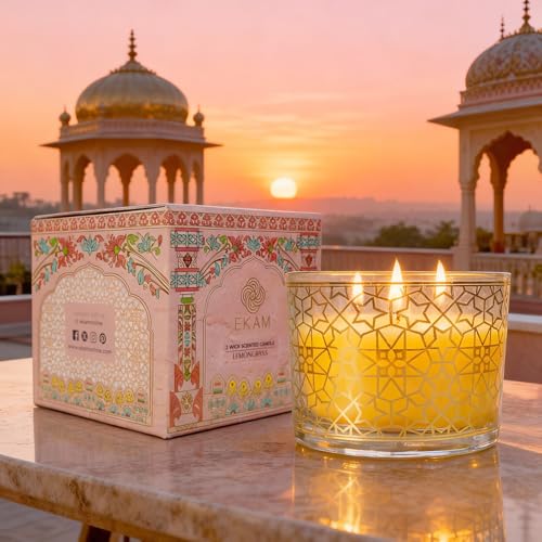 Image of EKAM 2025-26 Festive Fragrance Gift| Scented 3 Wick Candle| Lemongrass | Inspired by Pink Haveli | 28-Hour Burn | Essential Oil Infused | Gift Box for Festive Celebrations, Weddings, Giveaways, etc.