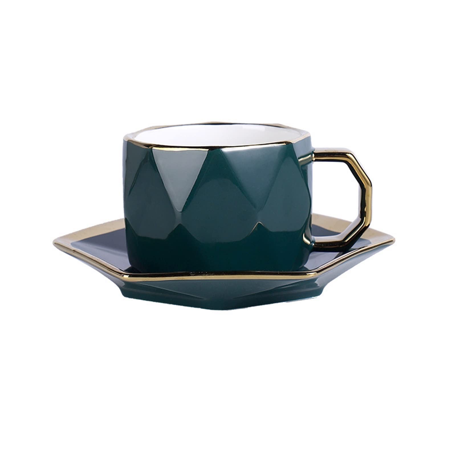 Taza de café de Viaje, Taza de café de cerámica con Lado Dorado Simple con Plato de Postre, Juego de Tazas de té de la Tarde, Taza de Desayuno, Regalos para papá y mamá (Verde)