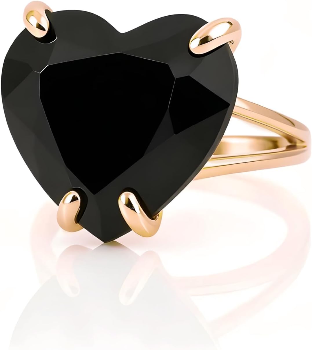 Heart Shape Black Onyx Ring - Double Band Gold Statement Ring - Bold Gemstone Cocktail Jewelry