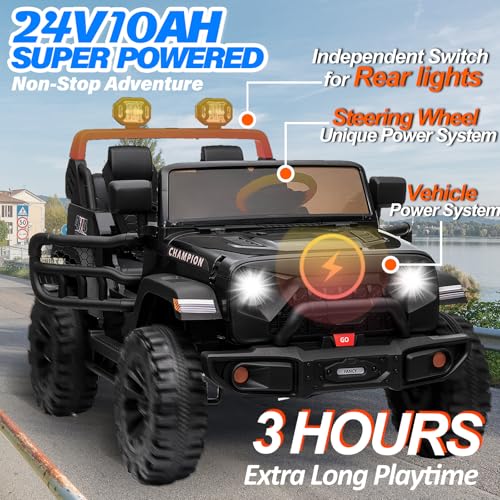 24V Kids Jeep, BLISSRIDE 2 Seater XL Ride on Truck Car w/800W Power Wheel, 4WD/2WD Switchable, Remote Control, 10AH Battery, 20\'\' Wide Seat, Bluetooth, LED Light, Electric Vehicle for Boy Girl, Black