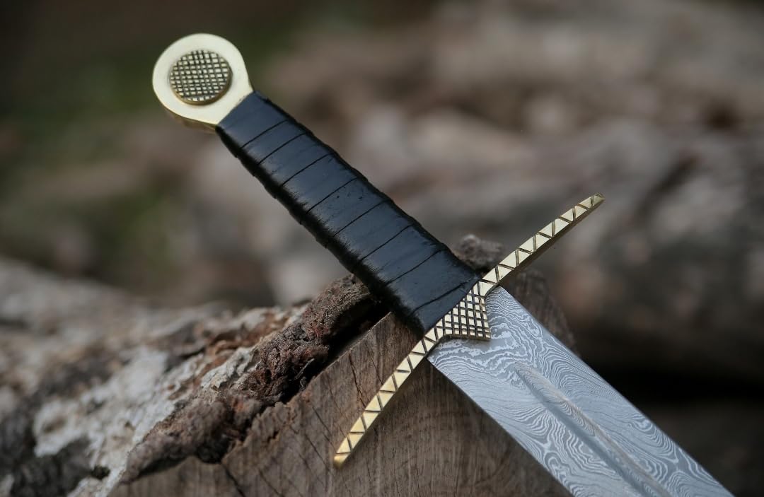 Handmade Damascus Steel Fixed Blade, 32 Inch Double Edge Medieval Sword, Leather Handle, Hunting Roman Sword with Leather Sheath for Combat, Hiking, Camping by Empire Industry