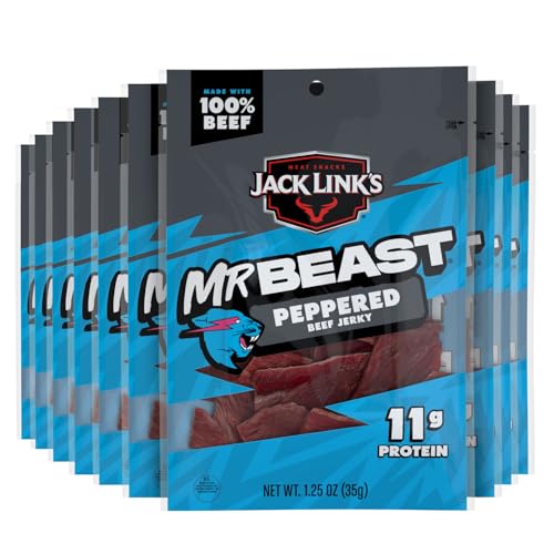 Jack Link’s x MrBeast Peppered Beef Jerky – 11g Protein per Serving, Made with 100% Real Beef, Pantry-Ready, Kids Snacks, Great Stocking Stuffers and Gifts, 10 Count of 1.25oz Bags