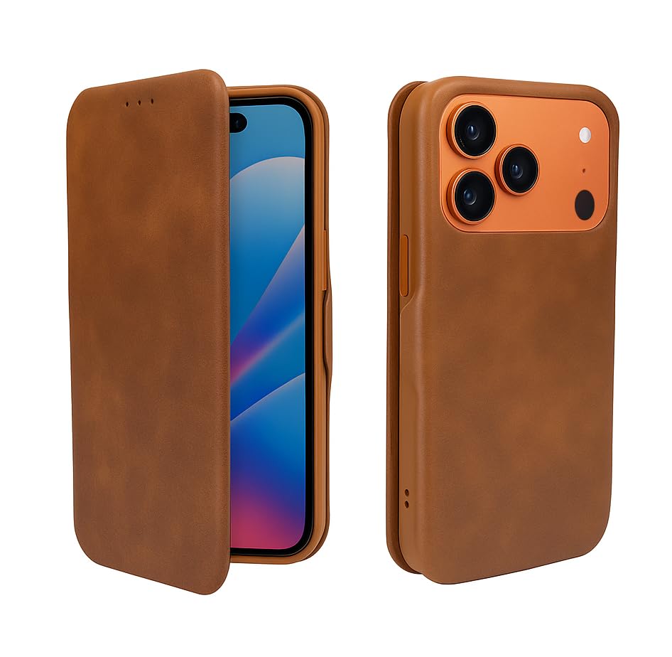 Image of QoinCo Vegan Leather Flip Wallet Case for iPhone 17 Pro - Premium PU Cover with Card Slot, Magnetic Closure, Kickstand Stand, Durable Slim Design, Privacy Protection, Brown