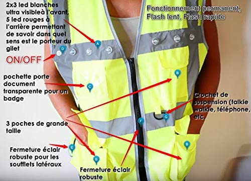 Chaleco Amarillo de Seguridad Fluorescente de 11 ledes Blancos Rojos Deluxe