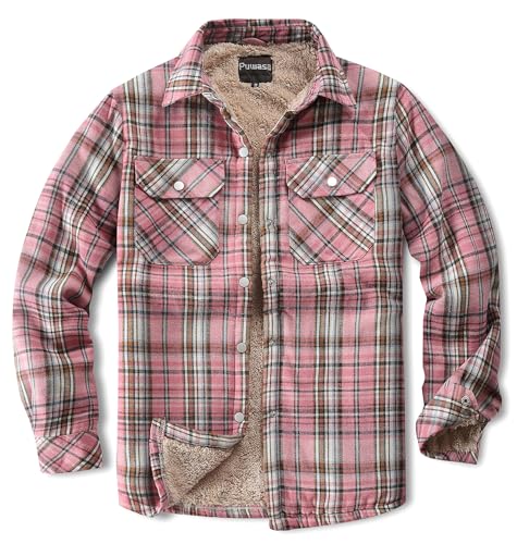 Puwasa Women's Fleece Lined Flannel Plaid Shacket Casual Button Down Long Sleeve Shirt Jacket Coats Pink Large