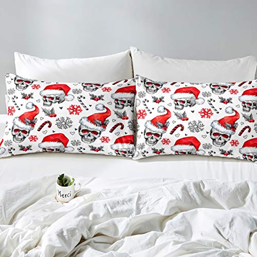 Skull Pattern Duvet Cover Gray Skull With Christmas Hat Bedding Set Red White Xmas Skeleton Comforter Cover for Boys Girls Kids Room Decor Winter Snowflake Heart Bedspread Cover Single Size - Image 2