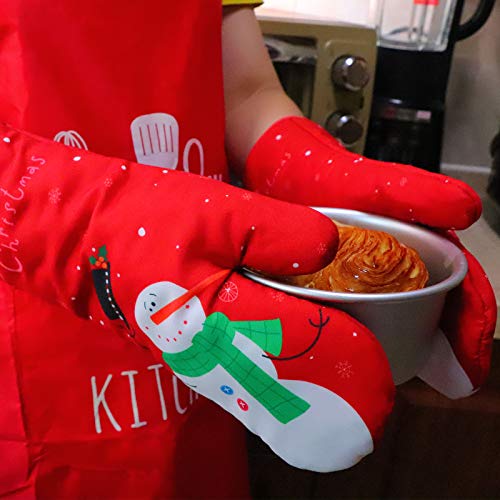 WinChange Oven Mitts and Potholders BBQ Gloves-Oven Mitts and Pot Holders with Recycled Cotton Infill Silicone Non-Slip Cooking Gloves for Cooking Baking Grilling (4-Piece Set) (Red Christmas Snow)