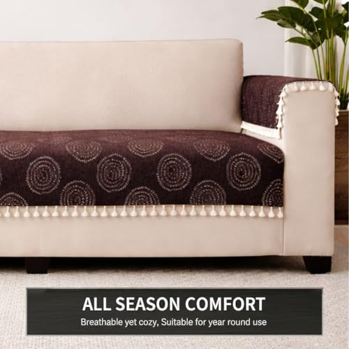 Image of STITCHNEST Woven Fabric Sofa Cover 2 Seater with 2 Hand Rest Covers - Washable Brown Sofa Cover with Tassels - Durable Premium Fabric - Stylish Sofa Protector for Living Room & Furniture Decor