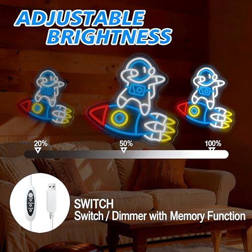 Image of Astronauts & Rockets Neon Sign, Dimmable Spaceman LED Neon Light for Wall Decor Space Room Decor for Gifts for Teen Kids, Man Cave,Game Room