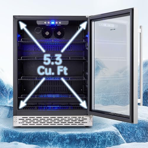 Image of Phiestina Beverage Refrigerator 175 Cans Under Counter Beer Cooler 24 inch Quiet Built-in or Freestanding Beverage Fridge Glass Door Auto Defrost 5 Removable Shelves for Home Bar Office