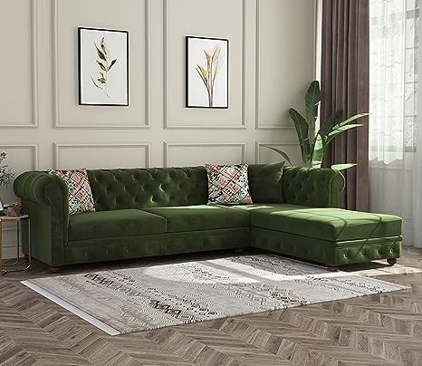 Image of Solid Wood Velvet Fabric L Shape Sofa Sofa for Living Room Button Tufted Sofa Chair for Home & Office (Left Aligned L-Shaped (Left Aligned L-Shaped Green)