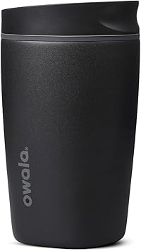 Owala SmoothSip Slider Ceramic-Lined Insulated Stainless Steel Coffee Tumbler, No Metallic Taste Reusable Travel Mug, Hot Iced Coffee Cup, BPA Free 12 oz, Very, Very Dark
