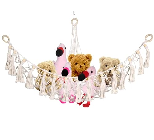 Hanging Stuffed Animal Hammock，Handmade Stuff Animal Organizer Storage With Boho Macrame Style，Corner Toy Net For Stuffed Animals (White　Plus Size) #TOP5