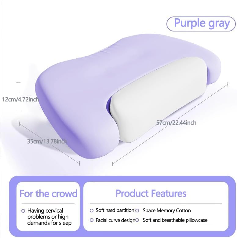 Dual-Zone Memory Foam Pillow w/Cooling Ice Silk Cover - Ergonomic Support for Side & Back Sleepers Purple
