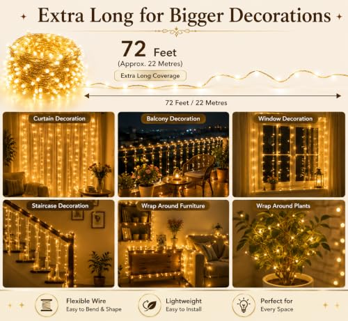 Image of Quace LED Fairy String Lights 72 Feet Warm White, 72 LEDs on Decorative String Lights with Flexible Wire for Diwali, Wedding, Balcony, Bedroom, Party, Indoor & Outdoor Home Decoration, Pack of 1