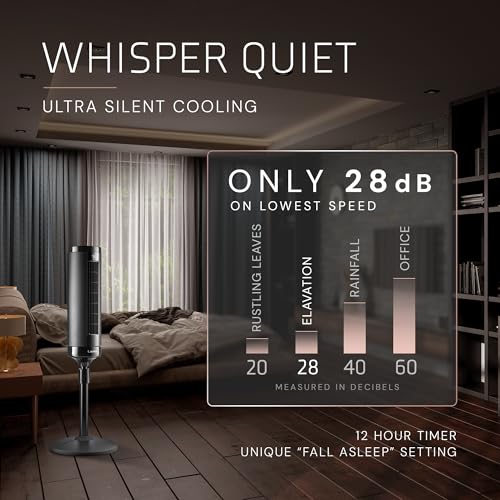 Image of Lasko Elevation Tower Fan for Bedroom, Office, and Living Room - 42 inch-54 inch Adjustable Height Cooling with 31 ft /s Airflow and 90 Oscillation- Quiet 28 dB Operation - Remote Control - Black