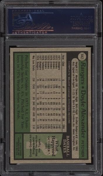 1979 Topps #442 Doyle Alexander - Rangers - PSA 10 - *623- Pop 3 - Baseball Card - Slabbed Baseball Cards