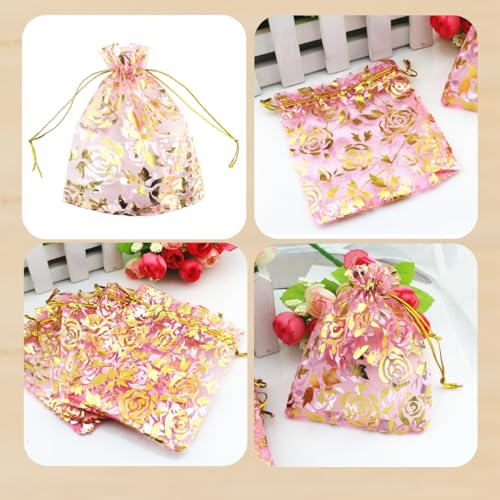 Image of 100 Pack 3.5 x 4.7 Inch Organza Jewelry Gift Pouch B921, Pink Flower