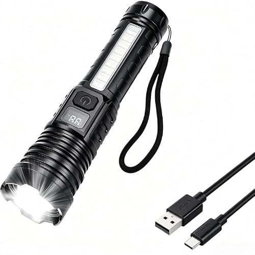 Givryes Digital LCD Display Rechargeable Tactical Flashlight, 7 Adjustable Modes Super Bright COB Lumens Torch for Home Hiking & Emergency
