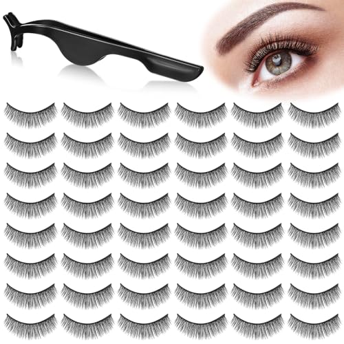 Nuogo 24 Pairs Reusable Self Adhesive Eyelashes No Glue Needed False Eyelashes Natural Look Easy to Apply Eye Lashes with Fake Eyelash Extension Applicator Tool (Thick Style,12 x 8 x 8 mm)
