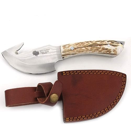 Wild Turkey Handmade Collection Full Tang Fixed Blade Gut Hook Skinner Knife w/Leather Sheath. (Stag)