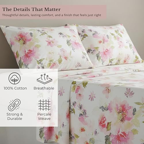 Image of Linen Home Cotton Percale Flat Bedsheet Set Single Size Floral Pink