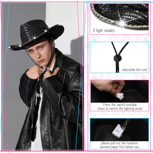Image of Tisancy LED Lights Cowboy Cowgirl Hat Flashing LED Lights Cowgirl Hat for Wedding Western Bachelorette Party