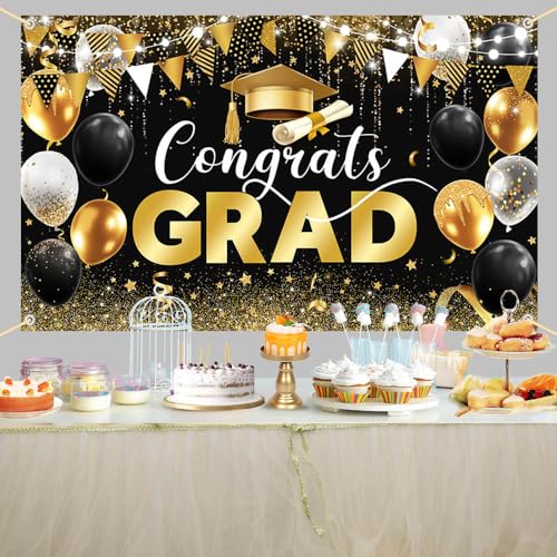 Image of AIBIIN 7x5ft Congrats Grad Backdrop Black Gold Glitter Balloons Congratulations Graduation Party Decorations Background for Photography Graduation Decorations 2025 Party Supplies