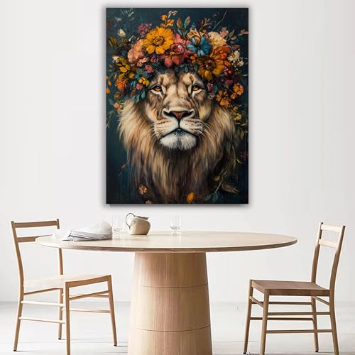Tableau lion abstrait multicolore avec fleurs 40x60cm encadré - 4