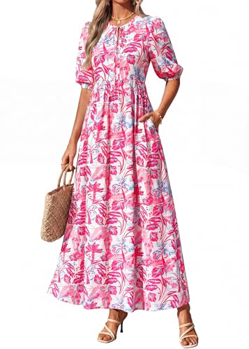 Image of KIRUNDO Maxi Dresses for Women 2026 3 /4 Sleeve Summer Dress | Spring Boho Floral, Drawstring Tie Neck, Loose Fit, Elastic Waist, Pockets, Wedding Guest, Beach Vacation Flowy Long Dress