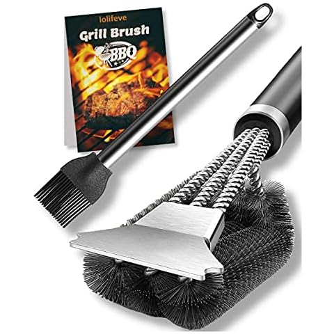 Grill Brush BBQ Cleaning Brush with Scraper, 3 in 1 Stainless Steel Wire Bristles, PP Heat Insulation Handle, Comes with an Oil Brush Cover