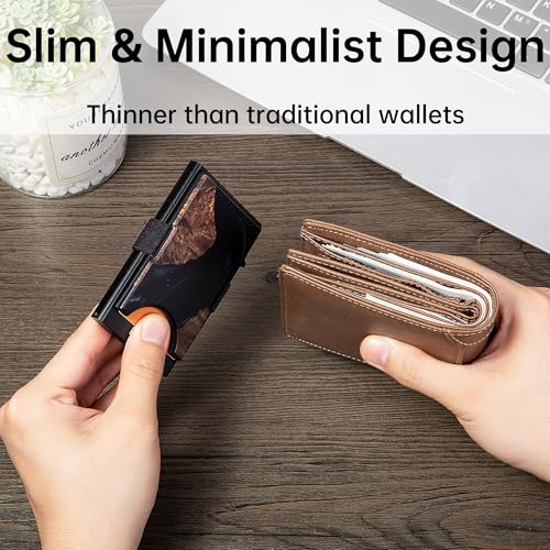 Image of Slim Card Holder Wallet for Men, Minimalist RFID Blocking Pop Up Wallet, Smart Metal Business Card Case Holds 12 Cards, Ultra-Thin Front Pocket Wallet, Gifts for Men
