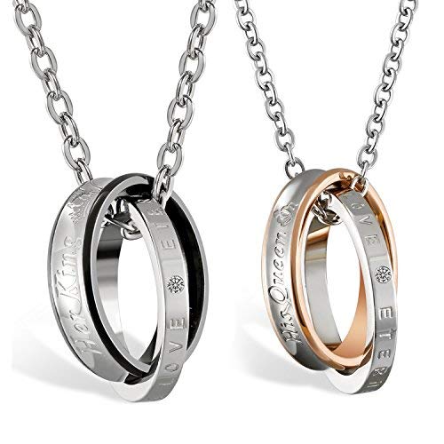 OIDEA Stainless Steel His Queen Her King Ring Interlocking Matching Necklace for Couples Promise Engagement Gift