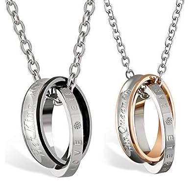 OIDEA 2pcs Stainless Steel Cubic Zirconia His Queen Her King Crown Ring,Dog Tag Pendant Necklace,Rosegold,Black,Sliver for Christmas Valentines Gifts