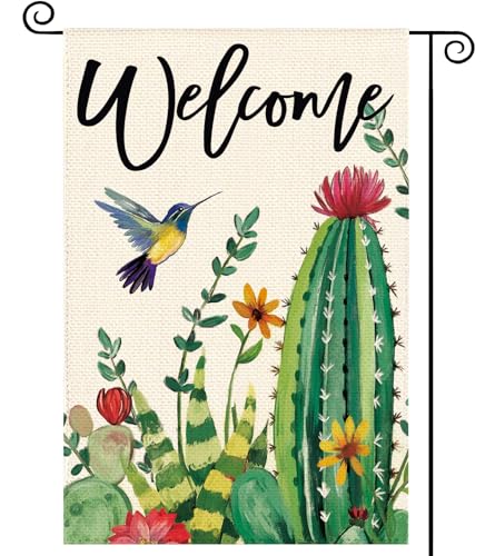 Tikeciti Spring Summer Cactus Floral Welcome Garden Flag 12 x 18 Inch Double Sided, Hummingbird Desert Plant Farmhouse Burlap Small Yard Flag Summer Seasonal Holiday Outdoor Outside Decoration