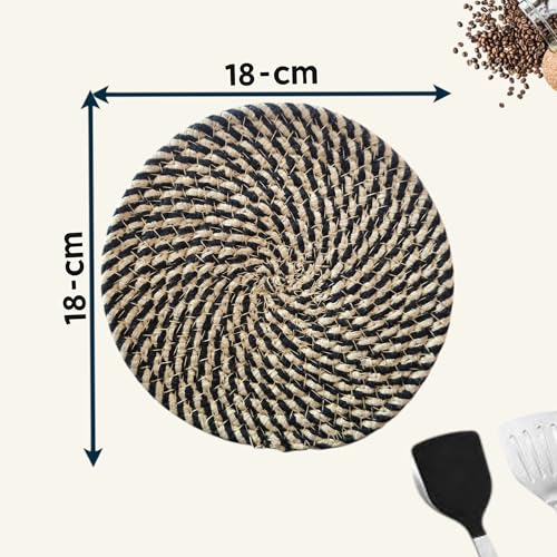 Image of Black Jute Cotton Trivet Set of 3 for Dining Table, Centre Table, Side-Table, and Kitchen Countertop Platform Absorbent, Sturdy. Keep hot Pans, and pots, or planters.(Black, 18 cm)