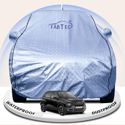 Image of FABTEC Metallic Silver Waterproof Car Body Cover for Tata Punch Sun, UV and Dust Protection with Mirror and Back Antenna Pocket (Reflective Silver with Black Piping)