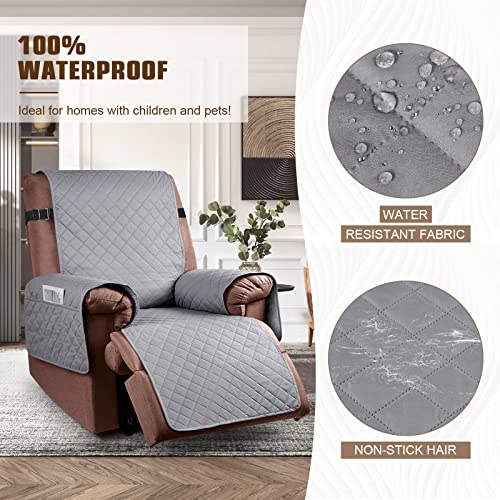 Image of KinCam Water Resistant Recliner Chair Cover, Reclining Couch Covers for Pets, Dogs, Recliner Couch Slipcover Furniture Protector with Elastic Straps for Kids, Light Gray