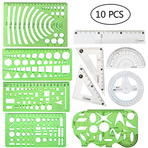 10 Pieces Plastic Drawings Templates Measuring Templates Geometric Rulers and Plastic Clear Rulers for Studying and Designing Building Supplies