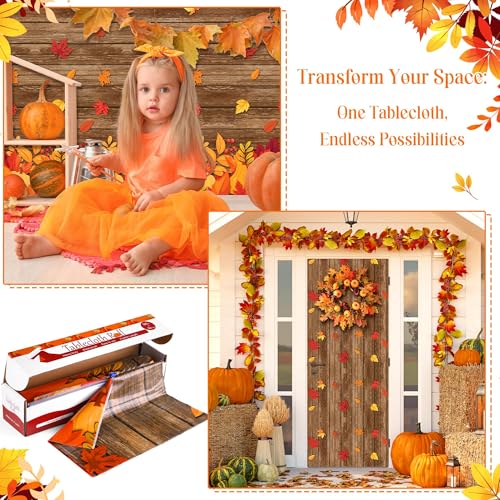 Image of Kochorie 100 Ft x 54 Inch Fall Plastic Tablecloth Roll with Slide Cutter Thanksgiving Pumpkin Maple Leaves Table Cloth Autumn Harvest Party Table Cover Roll for Autumn Events Family Banquet Parties