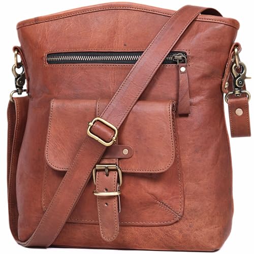 Women’s Genuine Leather Crossbody Bag – Large, 13″ Tablet Friendly Travel Purse