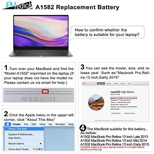Puredick A1582 A1502 Battery, Replacement Battery A1502 For Macbook Pro 13 Inch Retina [ Early 2015, Mid 2014, Late 2013 ] A1493 - High-Performance And Longevity [11.36V 74.9Wh 18Months Warranty] #TOP1
