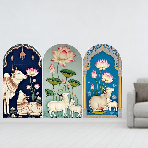 Image of Ridit Creation Sacred Cow & Lotus Flower Wall Poster Set of 3 | Traditional Indian Spiritual Wall Art with Temple Arch Design | Decorative Religious Posters for Living Room, Bedroom, Pooja Room