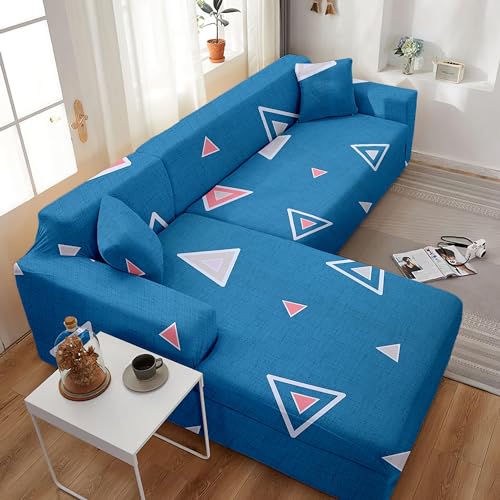 Image of Amazon Brand - Solimo L-Shaped Sofa Printed Slipcover | 2 Pieces Elastic Sofa Cover | High Density Stretch Fabric | Universal Fit (Blue)