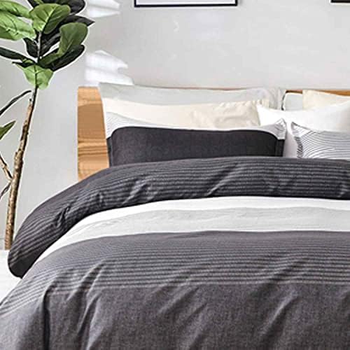 TIFFICO King Duvet Cover Set - 3pc Black Gray Striped Patchwork Printed Microfiber Soft Down Duvet Quilt Bedding Covers Zip Ties for Women - Country Farmhouse Pattern for Fall Winter, 104 x 90, Grey