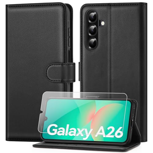 ivencase Coque pour Samsung Galaxy A26 5G avec Verre Trempé, étui Cuir PU Magnétique [ Pochette de Portefeuille ], Housse de Fonction Stand Video Porte Carte Credit...