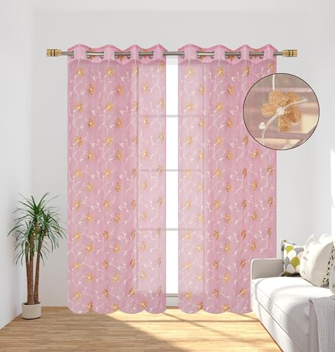Image of Homefab India Embroidery Floral Net Transparent Sheer Curtain - 9X4 Feet, Long Door Curtains, Pink, Pack of 1 Pc