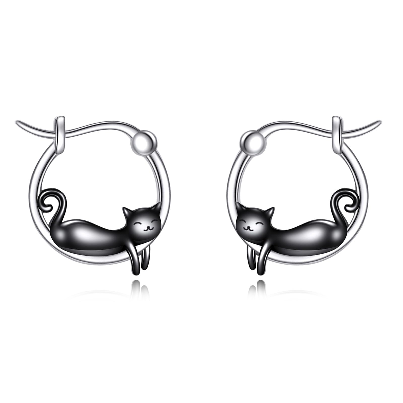 Katze Ohrringe Sterling Silber Schwarz Katze Creolen Niedliche Tierschmuck Geschenke für Damen
